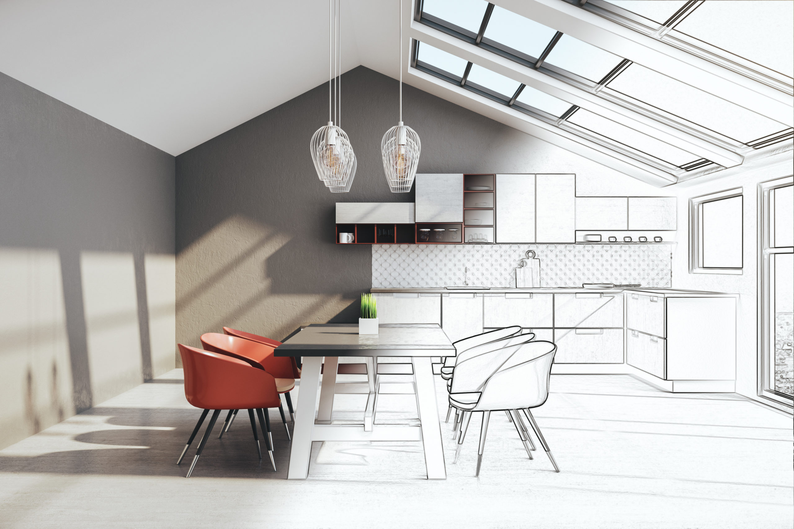 Drawing,Loft,Kitchen,Interior,With,Furniture,And,Sunlight.,Design,And